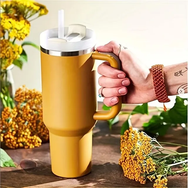 Stainless steel portable thermo mug with straw in different colours