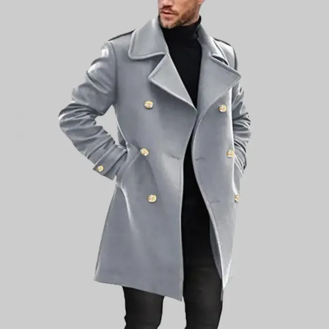 Men's formal coat - two-row mid-length trench with collar to neck, monochrome