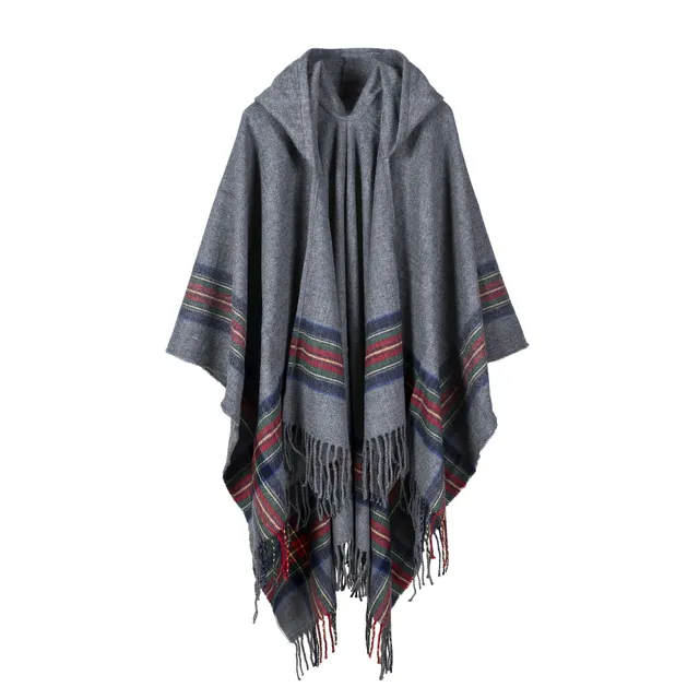 Scottish striped oversized scarf with hood and fat tassel