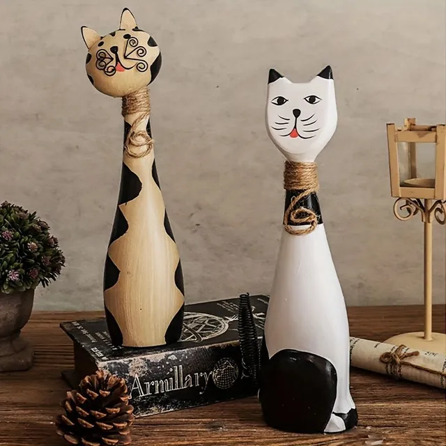 Set of two decorative wooden cats - simple carving art