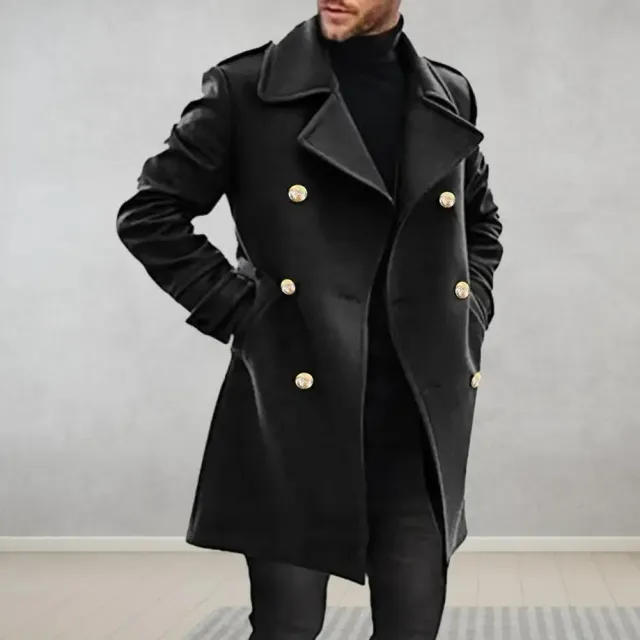 Men's formal coat - two-row mid-length trench with collar to neck, monochrome