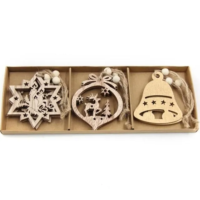 Wooden Christmas snowflakes for tree 12 pcs