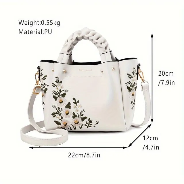 Elegant bag with floral embroidery and removable strap