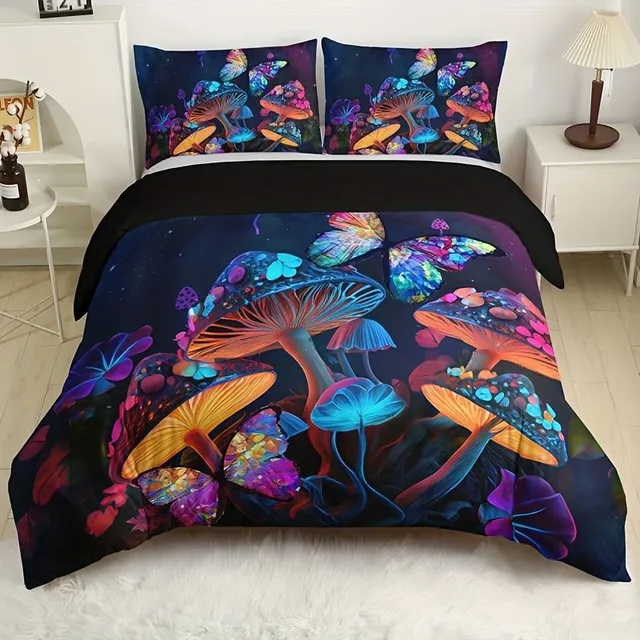 Breathable set of bed sheets with colourful motif of mushrooms and butterflies - Soft bed sheets in the bedroom and guest rooms