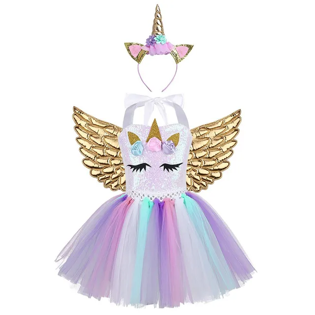 Rochie de tüll cu paiete pentru fetițe cu unicorn cu aripi și bentită