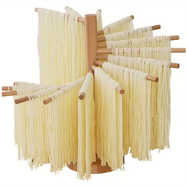 Folding wooden spaghetti dryer with 16 suspension rods - easy storage and fast distribution