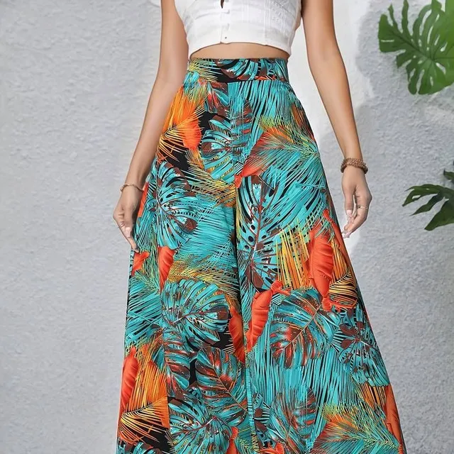 Boho Pants with Flower Pattern - Elastic Pas, Wide Nohavice, Summer