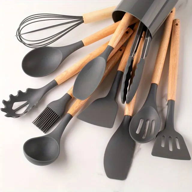 Ensemble de 12 pièces d'ustensiles en silicone, ensemble de cuisine kaki avec poignée en bois, ustensiles de cuisson sécurisés, ustensiles de cuisine avec surface antiadhésive, vaisselle moderne lavable, accessoires de cuisine, fournitures de cuisine, fournitures scolaires, retour à l'école