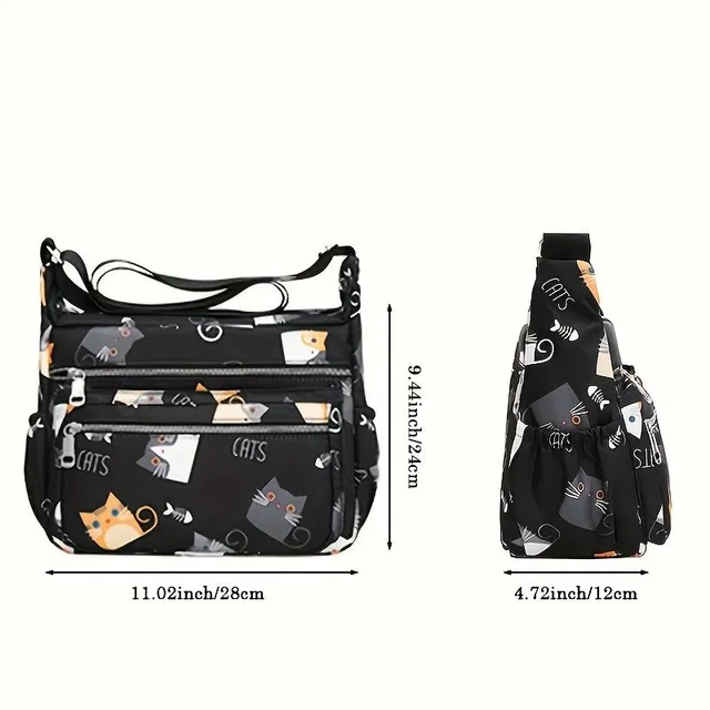 Roztomilá crossbody kabelka s potiskem kočky, módní nylonová ramenní taška, lehká messenger taška pro ženy