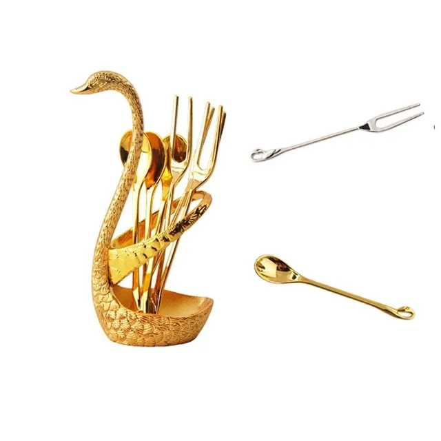 Set of cutlery with stand in shape of swan 7 pcs