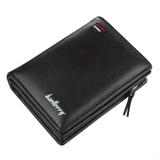 Men's retro short PU leather wallet with multiple card slots, buckle and zipper for bank cards