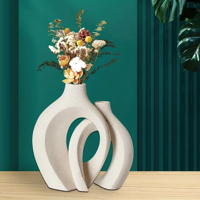 Hollow ceramic vase in boho style with donut hole for modern living, Nordic minimalism, table decoration