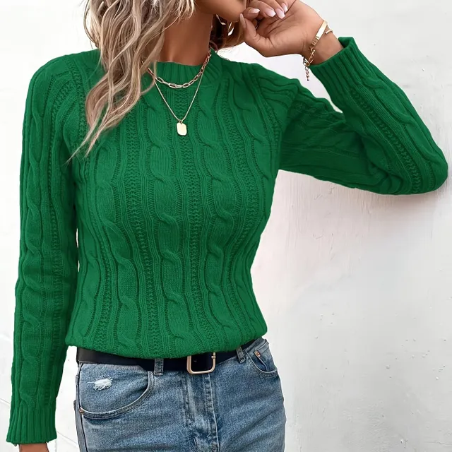 Ladies knitted sweater with round neck and long sleeves in cable pattern