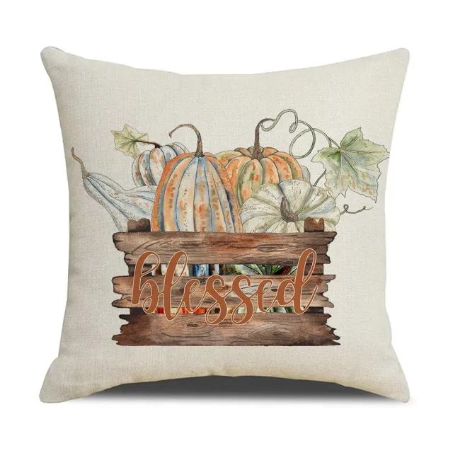 Autumn pillowcase with a motif of pumpkin and maple leaves for thanks and decoration