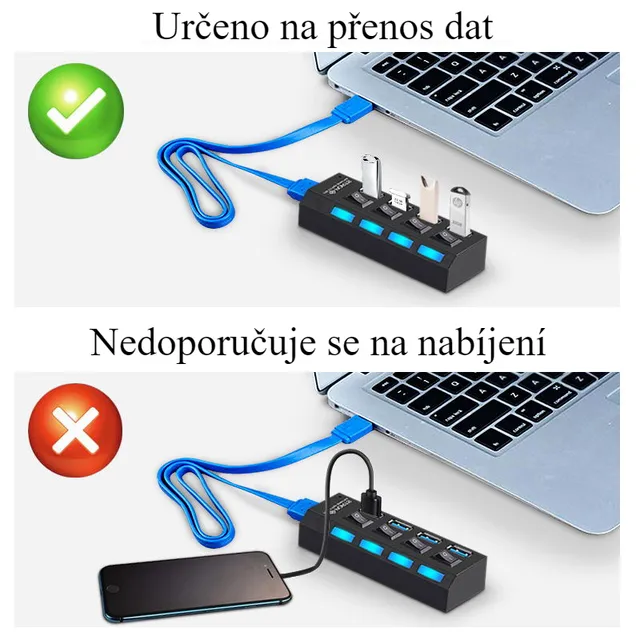 Rozbočovač USB s vypínači a LED signalizací