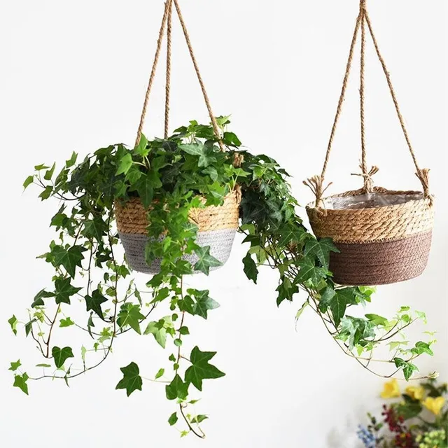 Basket for hanging pot made of woven jute rope