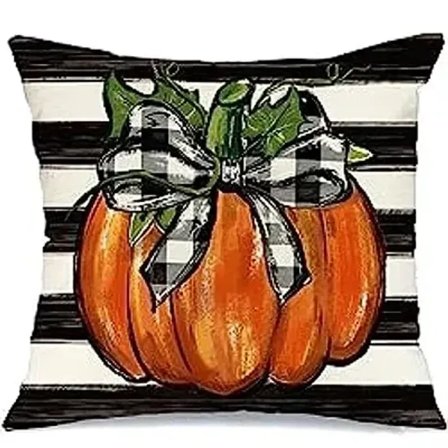 Autumn linen square pillowcase with striped pattern and inscription "Hello Pumpkin"