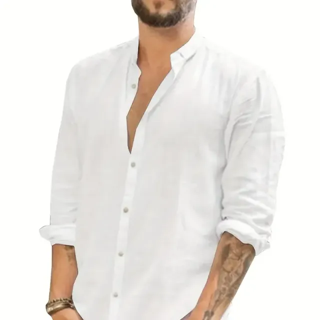 Men's shirt with long sleeve and collar type stand, monochrome, cotton-lined fabric, casual and elegant