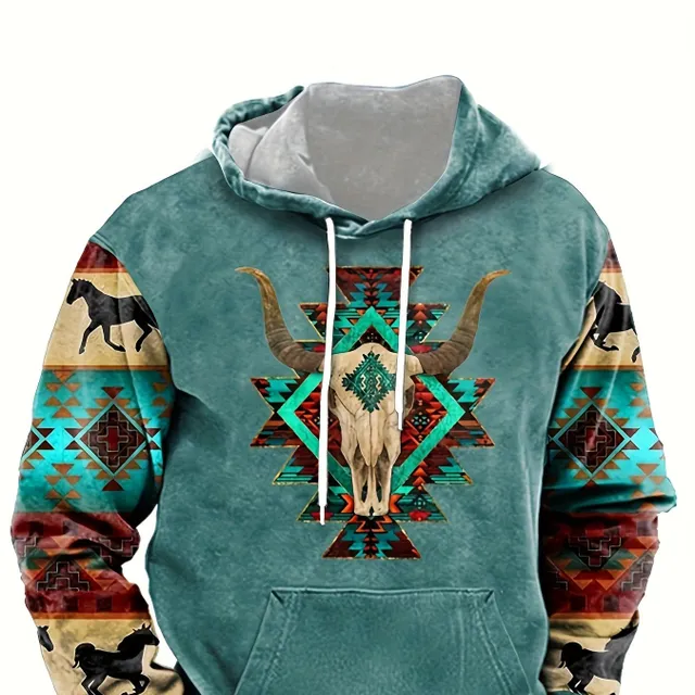 Male hoodie with ethnic pattern, stylish for leisure, with graphic hood, street style, autumn/winter, great gift