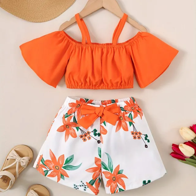 Summer set for girls with exposed shoulders and flower shorts (2 parts)