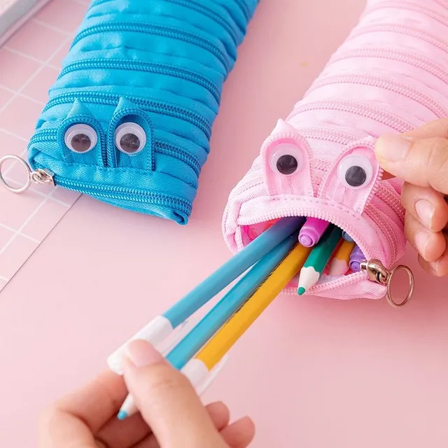 Original modern one-colour funny school pencil case in the shape of a cute worm with moving eyes