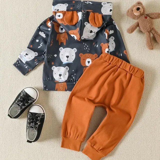 Sweat à capuche en coton pour enfants avec imprimé ours et pantalon assorti pour garçons