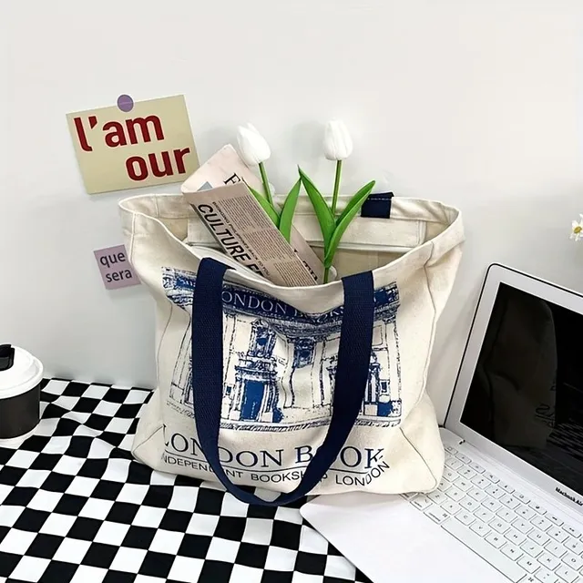 1pc vintage retro simple london bookstore pattern canvas bag for strap, literary bag over shoulder