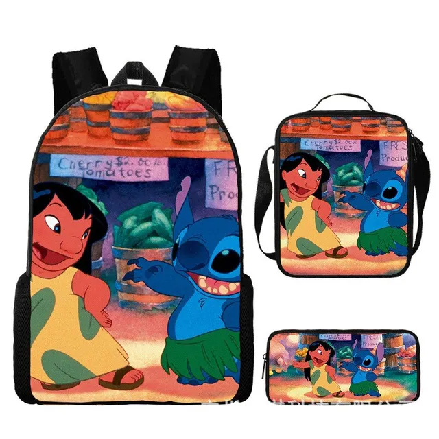 Set pentru copii cu 3 piese școlare cu motivele personajelor animate preferate Lilo și Stitch Rucsac / Geantă peste umăr / Penar