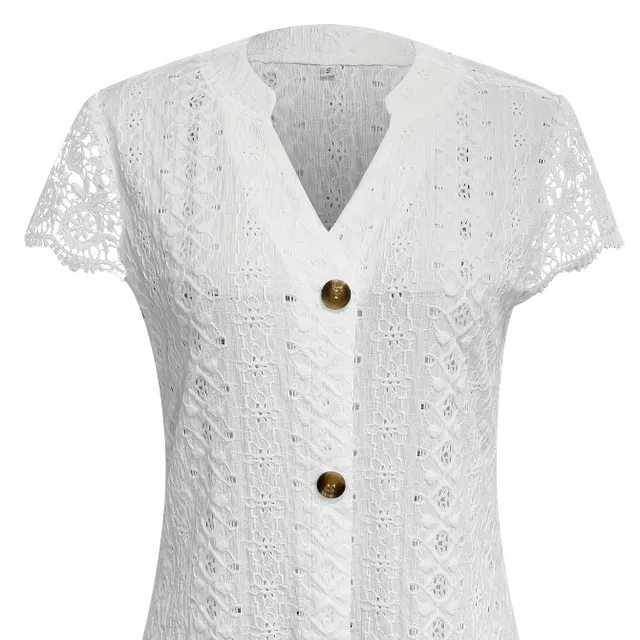 Women's casual T-shirt with short sleeve, neckline with cut-out and lace, button-on, suitable for spring and summer