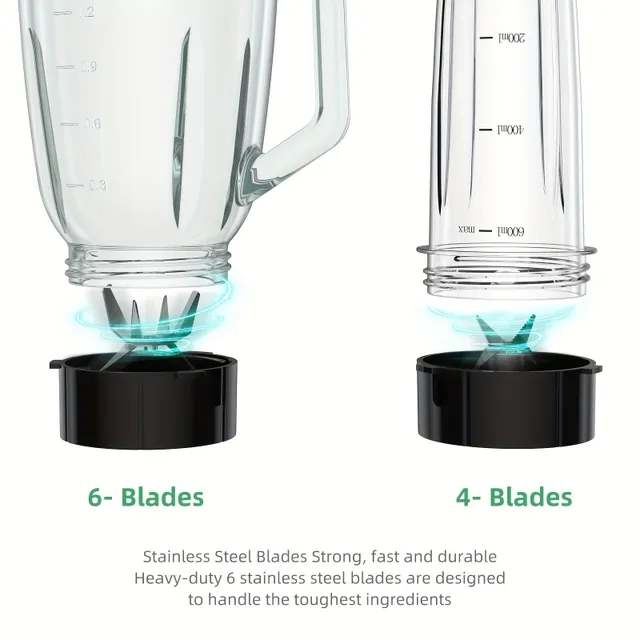 Osobní mixér s skleněnou nádobou a láhví z plastu bez BPA, víkem a noži - ideální pro mražené ovocné nápoje a omáčky