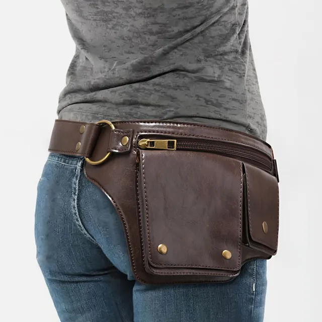 Punk kidney made of vintage PU leather, trendy fanny pack on outdoor and travel