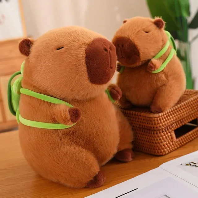 Cute capybara with backpack, stuffed toy, sitting, cute cartoon animals, stuffed doll