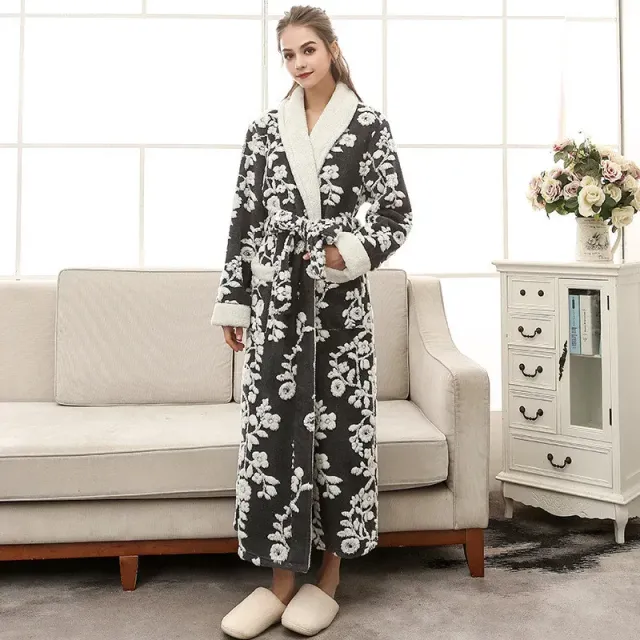 Robe d'hiver luxueuse pour femme en flanelle jacquard à coupe longue pour un port chaud et confortable