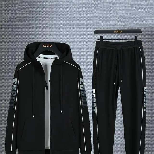 Men's two-piece sports tracksuit - zip-up sweatshirt with long sleeves, hood and comfortable sweatpants