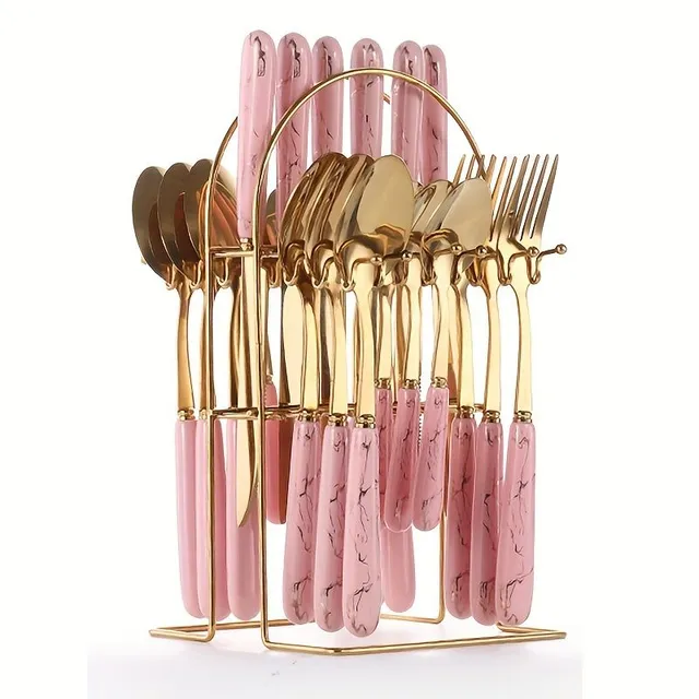 24pcs Stainless steel Stand for cutlery A Storage Box - Mirror Design for use In Households, Restaurant &amp; Party - Contains Dining Knife, Fork, Spoon &amp; Dessert Spoon - Ideal For Organizing &amp; Exhibition of cutlery