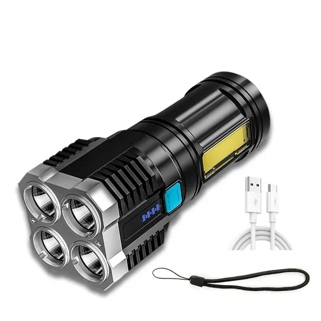 High performance LED flashlights Camping Torch with 4 LEDs and COB side light, rechargeable, portable