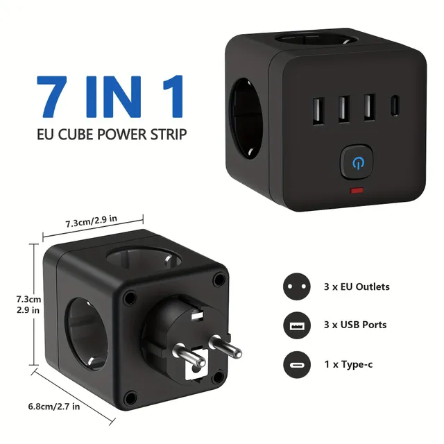 7v1 EU Power bar with overvoltage protection, 3x socket + 3x USB + 1x USB-C, charging station with overload protection