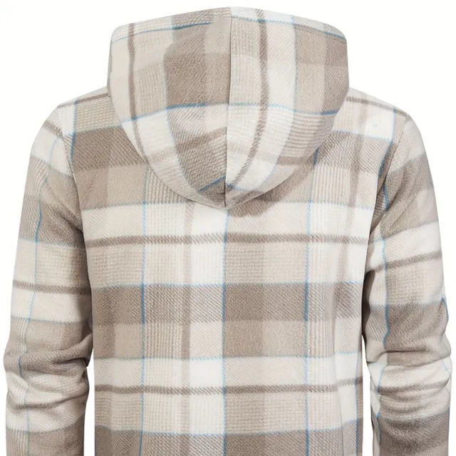 Male plaid fleece sweatshirt with hood, warm, strong, zipper - for leisure, long sleeve and lining Sherpa