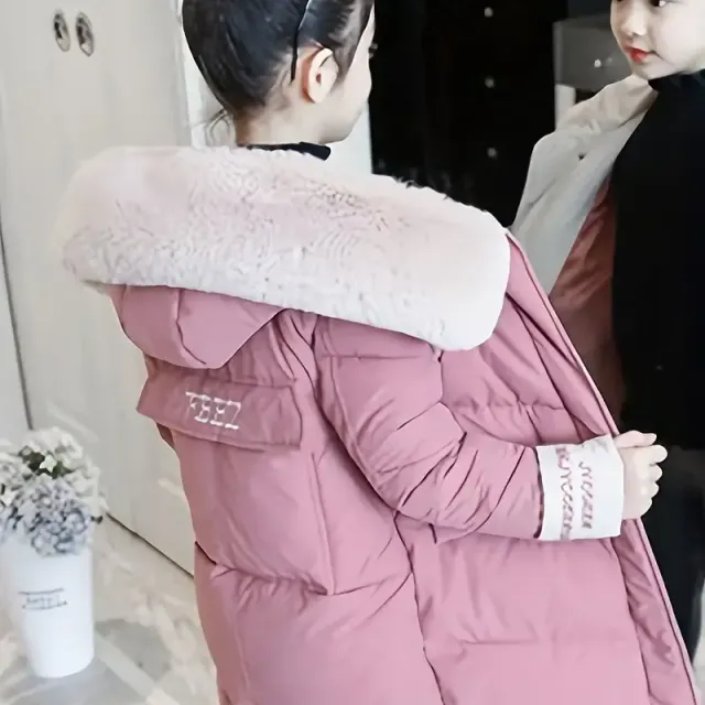 Girls Trendy Fluffy Collar Hooded Long Cotton Padded Jacket, Medium Length Kids Winter Clothing