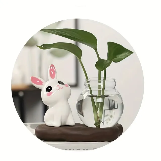 Hydroponic vase with ceramic rabbit for growing plants