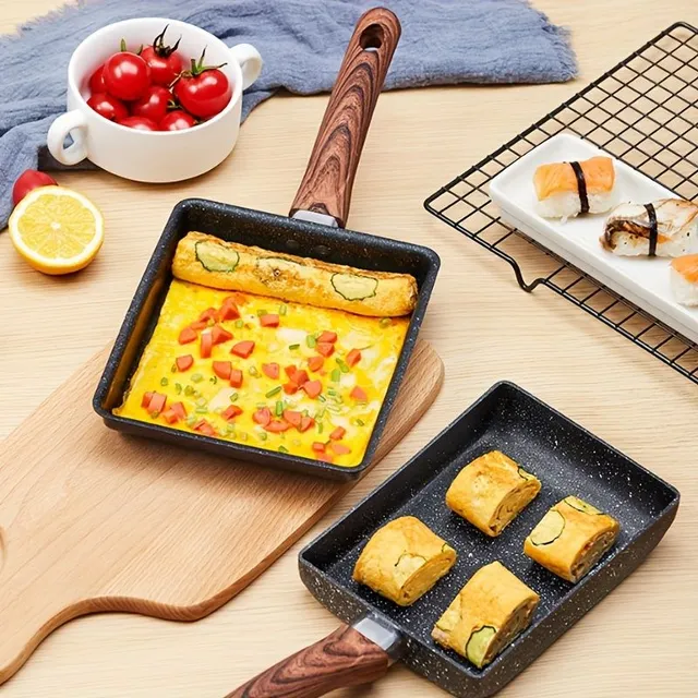 1 bucată tigaie antiaderentă tamagoyaki pentru omlete și prăjit ouă cu mânere din lemn imitativ