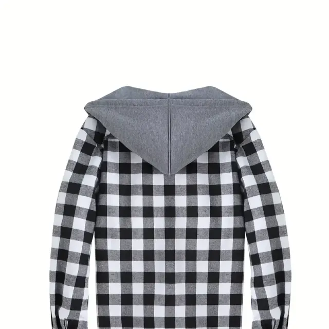 Men's plaid shirt jacket with long sleeves, hood and button closure - Regular fit