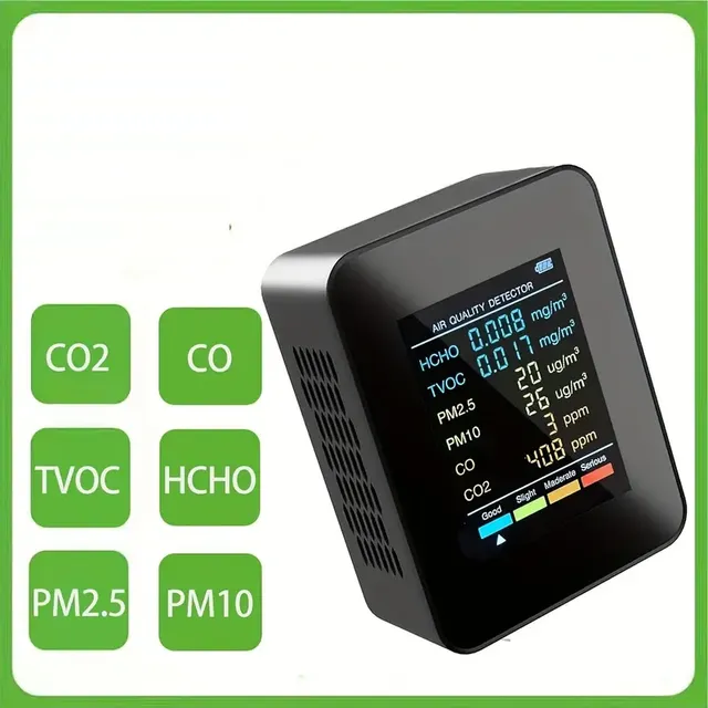 6v1 Detector Air quality with CO2, PM2.5, PM10, HCHO, TVOC and Formaldehyde with LCD Display and Sensor for Carbon dioxide