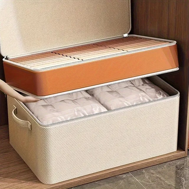 Úložný box na oblečení s víkem 1ks - prachuvzdorný organizér s kapsou na zip, úložný koš na přikrývky a deky