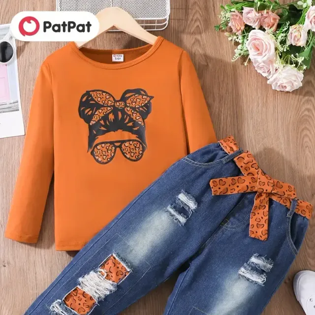 3-piece set for girls - Long Sleeve with printing + Torn jeans with belt