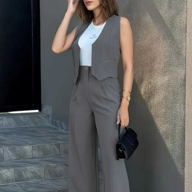 Set elegant din două piese: Vestă cu nasturi și pantaloni cu picior larg