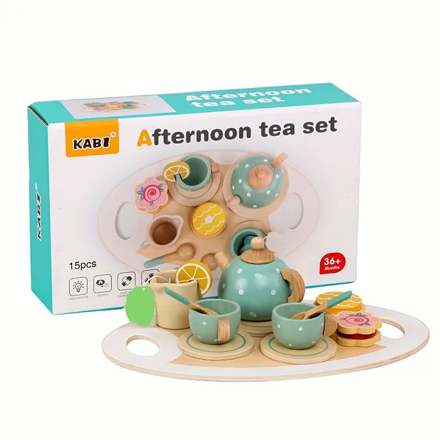 Dřevěné čajové nádobí s domečkem a dezertem - hra pro děti