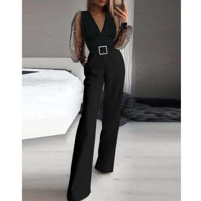 Women's fashionable sexy jumpsuit with V-neckline, shimmering semi-transparent mesh, wide legs and pockets