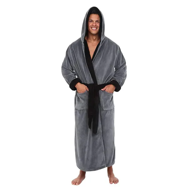 Men's soft long robe with hood in solid colour