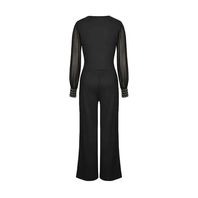 Women's fashionable sexy jumpsuit with V-neckline, shimmering semi-transparent mesh, wide legs and pockets